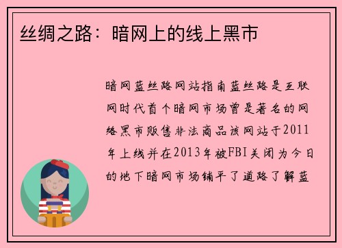 丝绸之路：暗网上的线上黑市